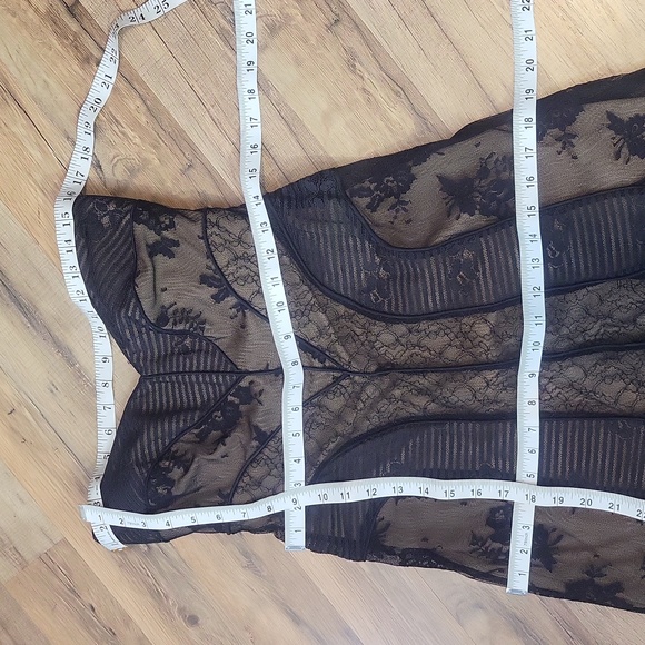 Vtg TADASHI Black Lace Mesh Over Nude Strapless Cocktail Midi Dress - Picture 14 of 14